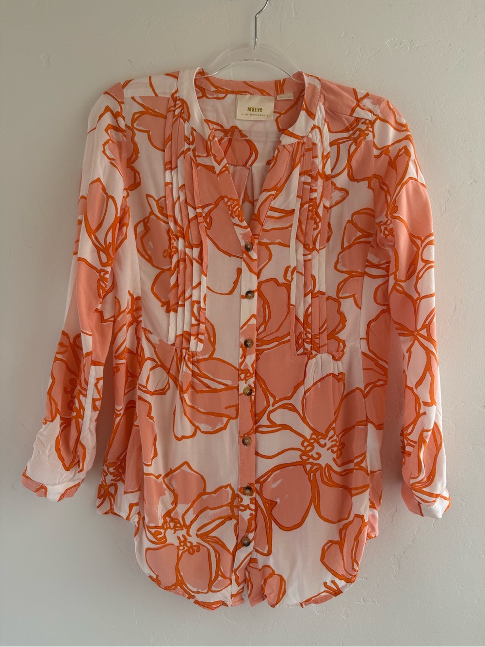 Anthropologie Maeve Floral Button Down Blouse Pink Orange Tunic Top Small - Picture 3 of 12